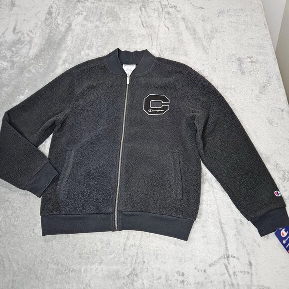 Champion Jacket Mens M Black Heritage Sherpa C Logo Varsity Preppy Zip Up NEW - Picture 1 of 11